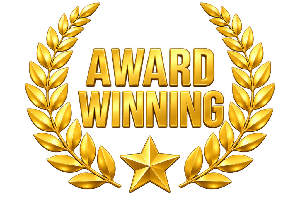 A gold laurel wreath, like a well-cleared driveway after a fresh snowfall, encircles the bold gold words AWARD WINNING in capital letters. A shining gold star sits at the bottom center, all set against a crisp white background reminiscent of freshly fallen snow. - Snow Removal Saint Paul