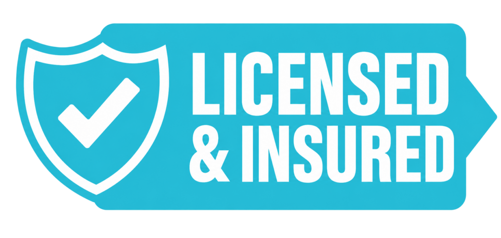 A blue graphic features a white shield and checkmark on the left, symbolizing trustworthy snow removal, with bold white text on the right that reads Licensed Insured—your assurance of dependable winter service. - Snow Removal Saint Paul
