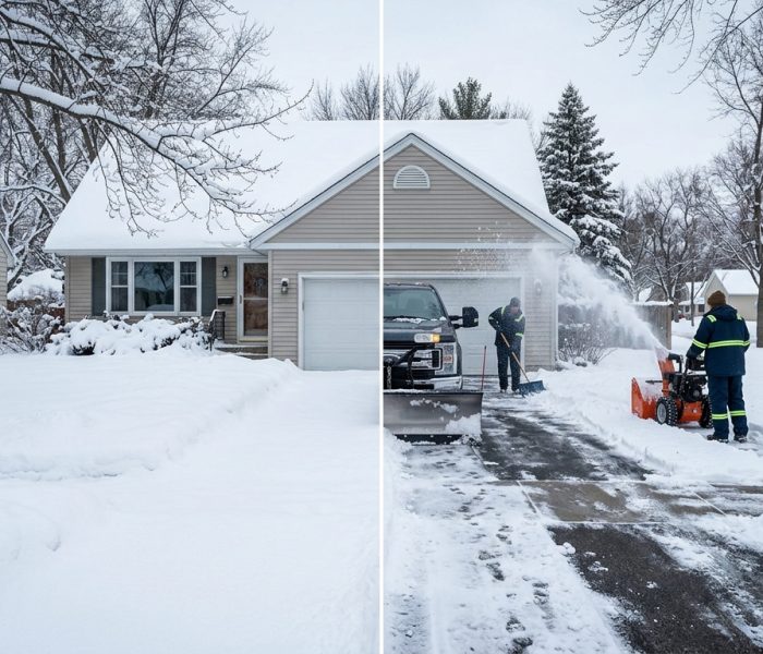 A side-by-side comparison showcases a residential property and driveway in winter: the left section remains unserviced, covered with snow, while the right demonstrates professional snow removal in action—a plow clearing the drive and an operator efficiently using a snow blower to ensure safe access. - Snow Removal Saint Paul