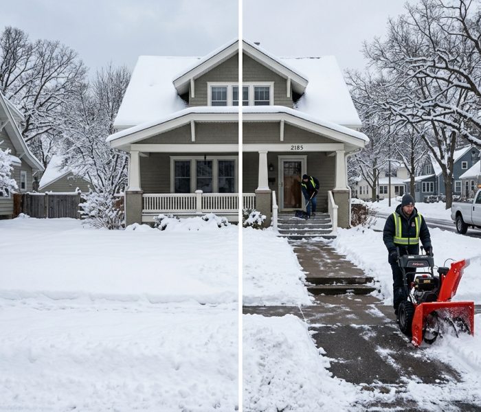 Residential property during winter; untouched snow blankets the left side of the yard, while on the right, a professional operates a commercial-grade snowblower to clear the walkway, and another crew member shovels snow from around the front steps for safe access. - Snow Removal Saint Paul